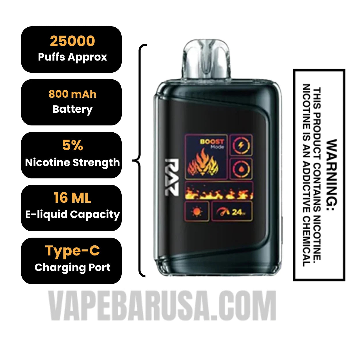 Tobacco RAZ DC25000 Disposable Vape Specifications 