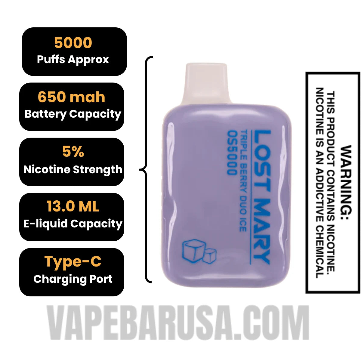 Triple Berry Duo Ice Lost Mary OS50000 Zero Nicotine Vape Specifications