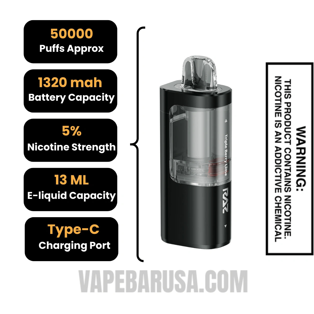 Triple Berry Lime RAZ VUE 50K Disposable Pod Specifications 
