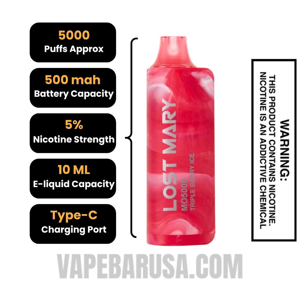 Triple Berry Ice Lost Mary MO5000 Disposable Vape Specifications