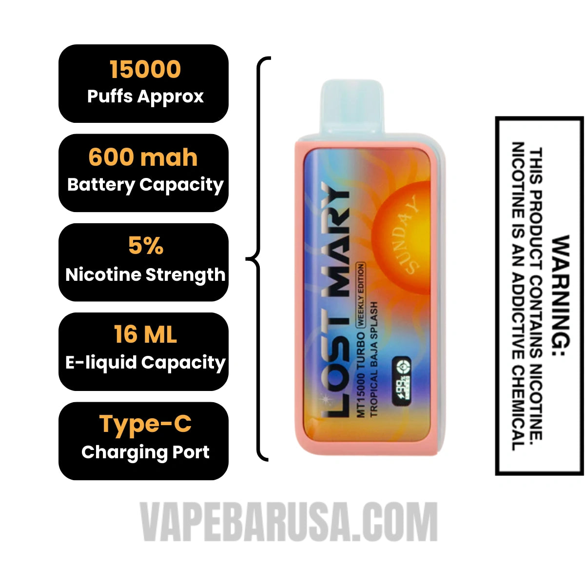 Tropical Baja Blast Lost Mary MT15000 Turbo Vape (Sunday) Specifications