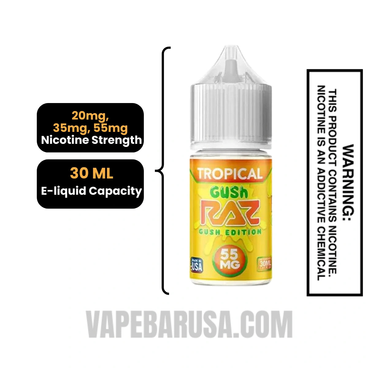 Tropical Gush RAZ Salt Nic Juice 30 ML specifications 