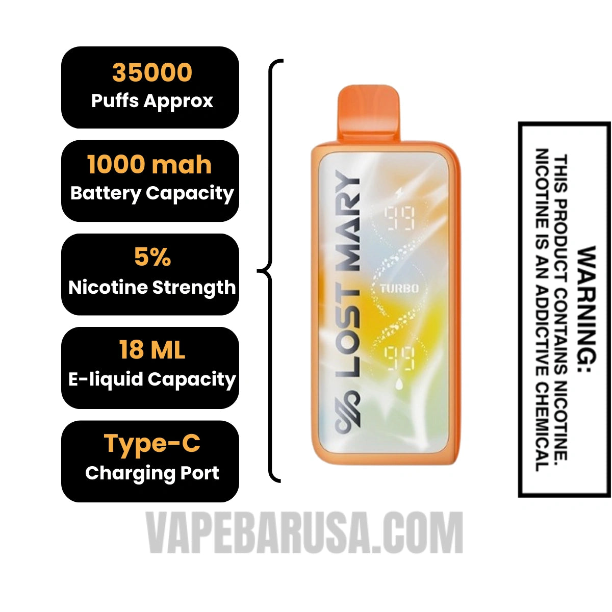 Tropical Lemonade Lost Mary MT35000 Turbo Disposable Vape Specifications