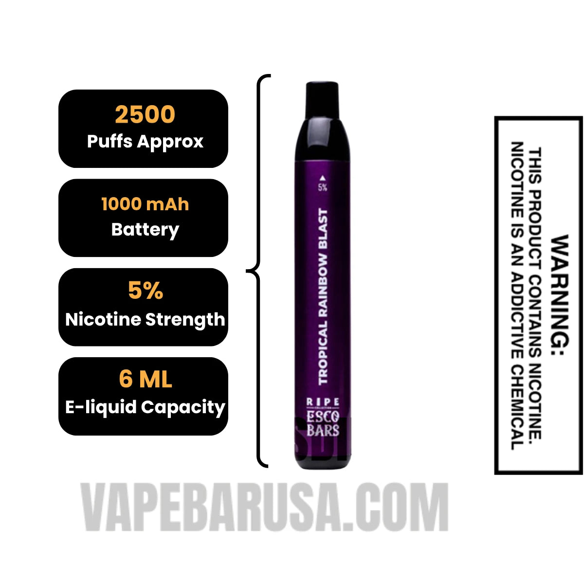 Tropical Rainbow Blast Esco Bars 2500 Puffs Disposable Vape Specifications