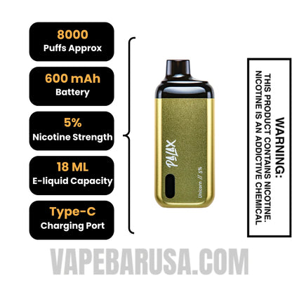 Unicorn Palax KC8000 Disposable Vape Specifications