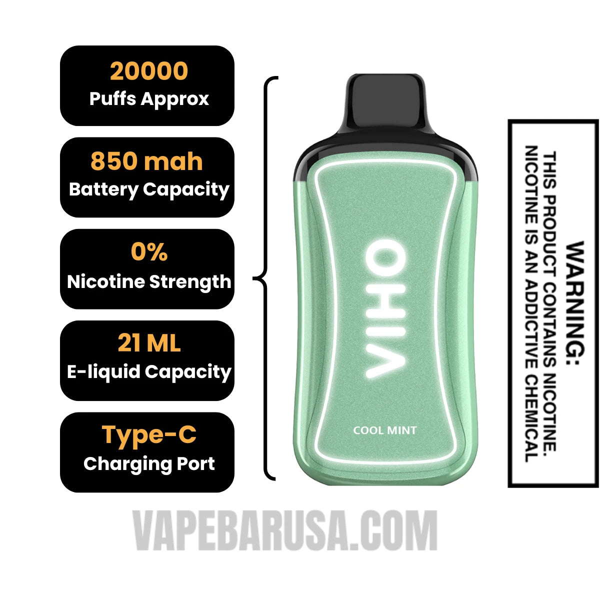 Cool Mint VIHO Supercharge Zero Nicotine Disposable Vape Specifcations