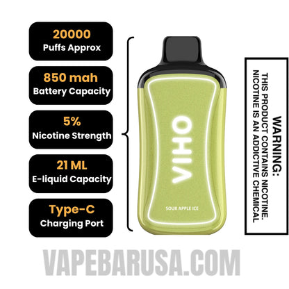 Sour Apple Ice VIHO Supercharge Zero nicotine Disposable Vape Specifications