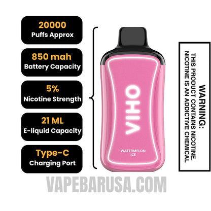 Watermelon Ice VIHO Supercharge Zero nicotine Disposable Vape Specifications