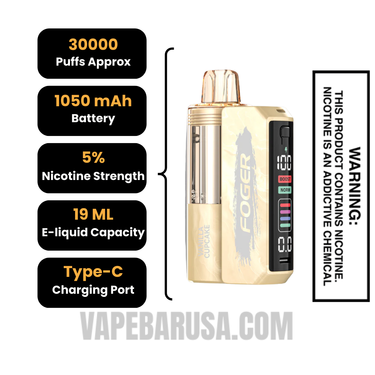 Vanilla Cupcake Foger Switch Pro 30K Disposable Vape Kit Specifications