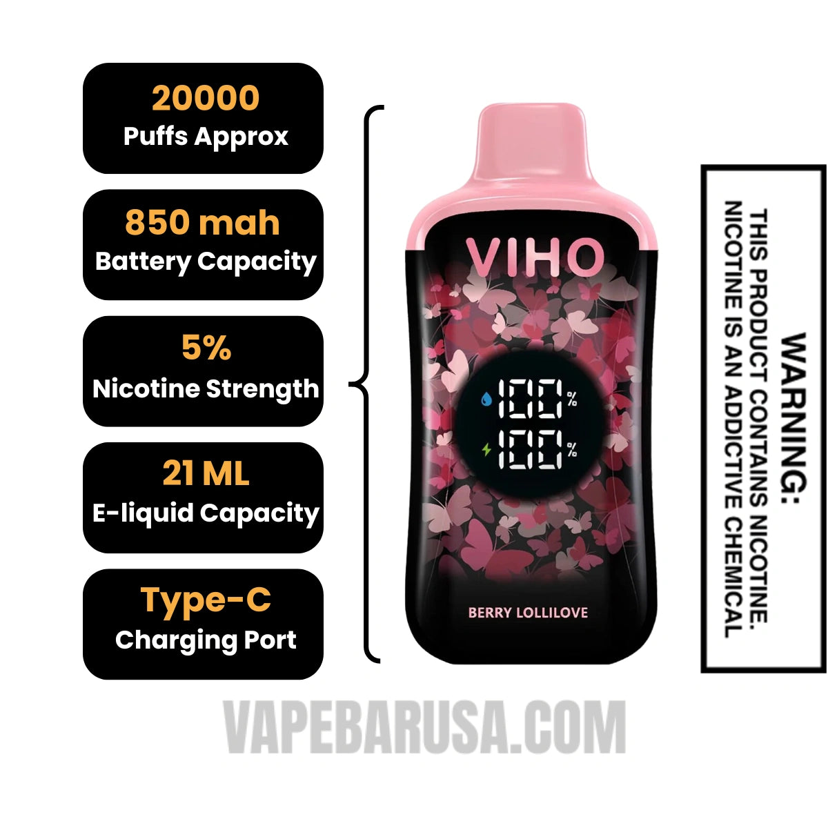 Berry Lollilove VIHO Supercharge Pro 20K Disposable Vape Specifcations