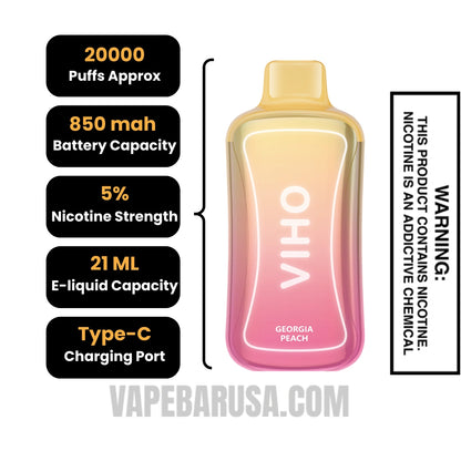 Georgia Peach VIHO Supercharge 20000 Puffs Disposable Vape Specifications 