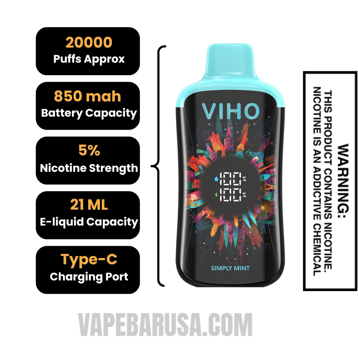 Simply Mint VIHO Supercharge Pro 20K Disposable Vape Specifcations