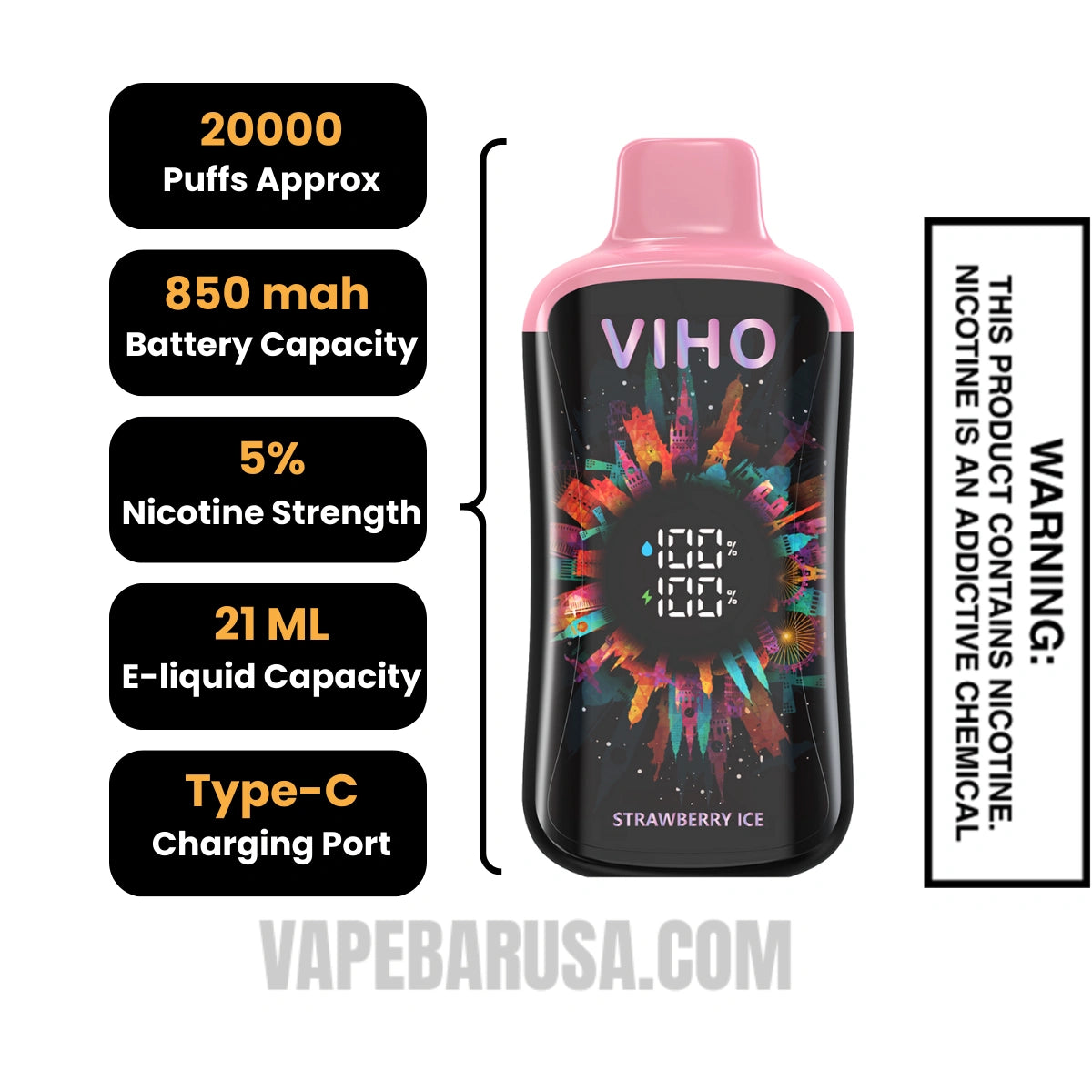 Strawberry Ice VIHO Supercharge Pro 20K Disposable Vape Specifcations