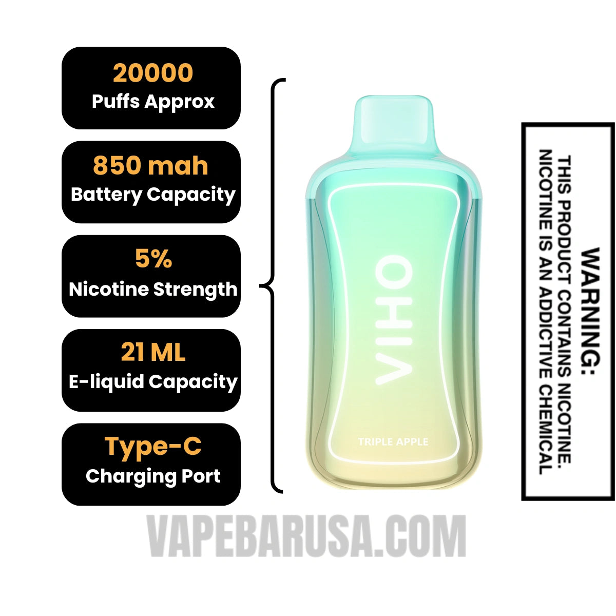 Triple Apple VIHO Supercharge 20000 Puffs Disposable Vape Specifications