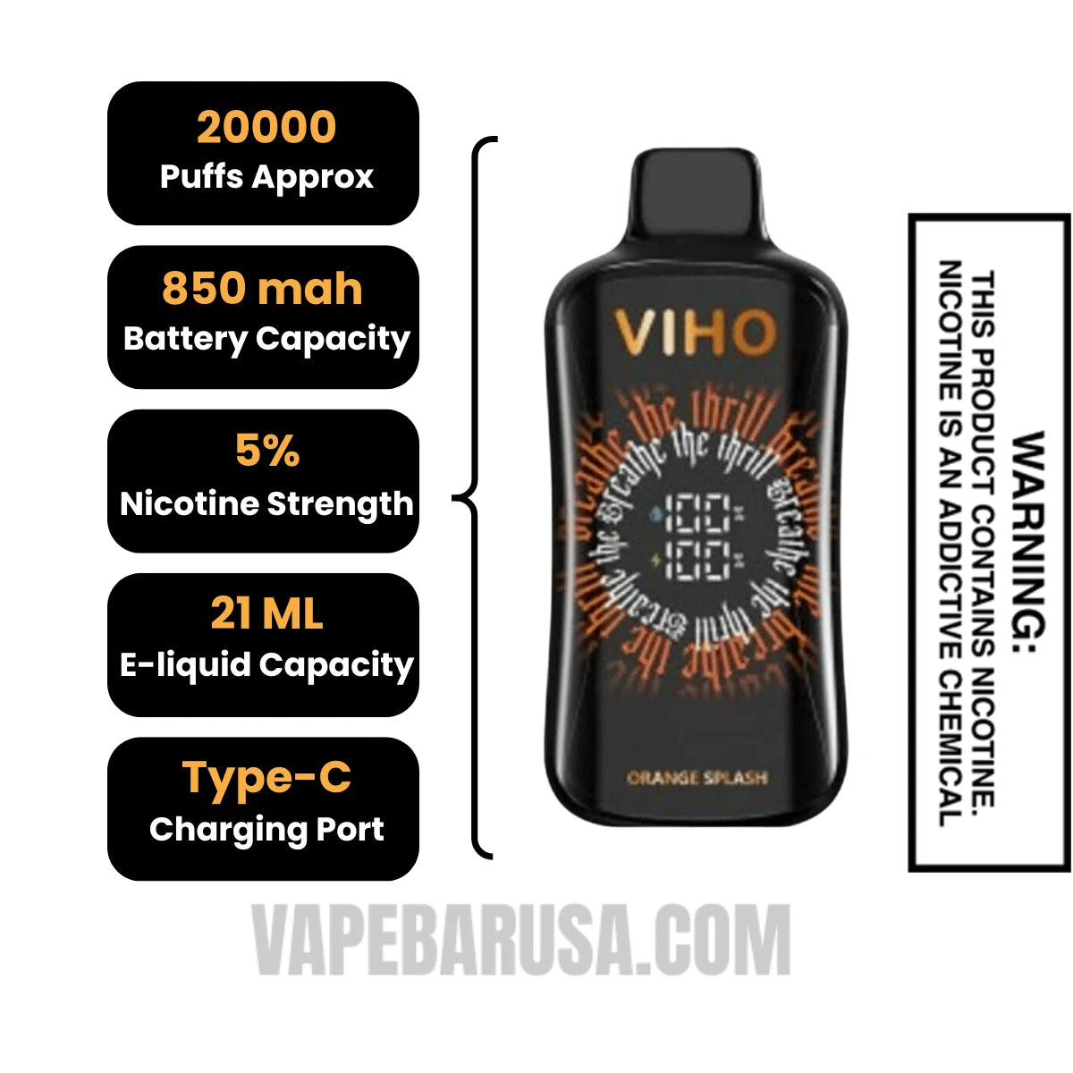 Orange Splash VIHO Supercharge Pro Disposable Vape Specifications
