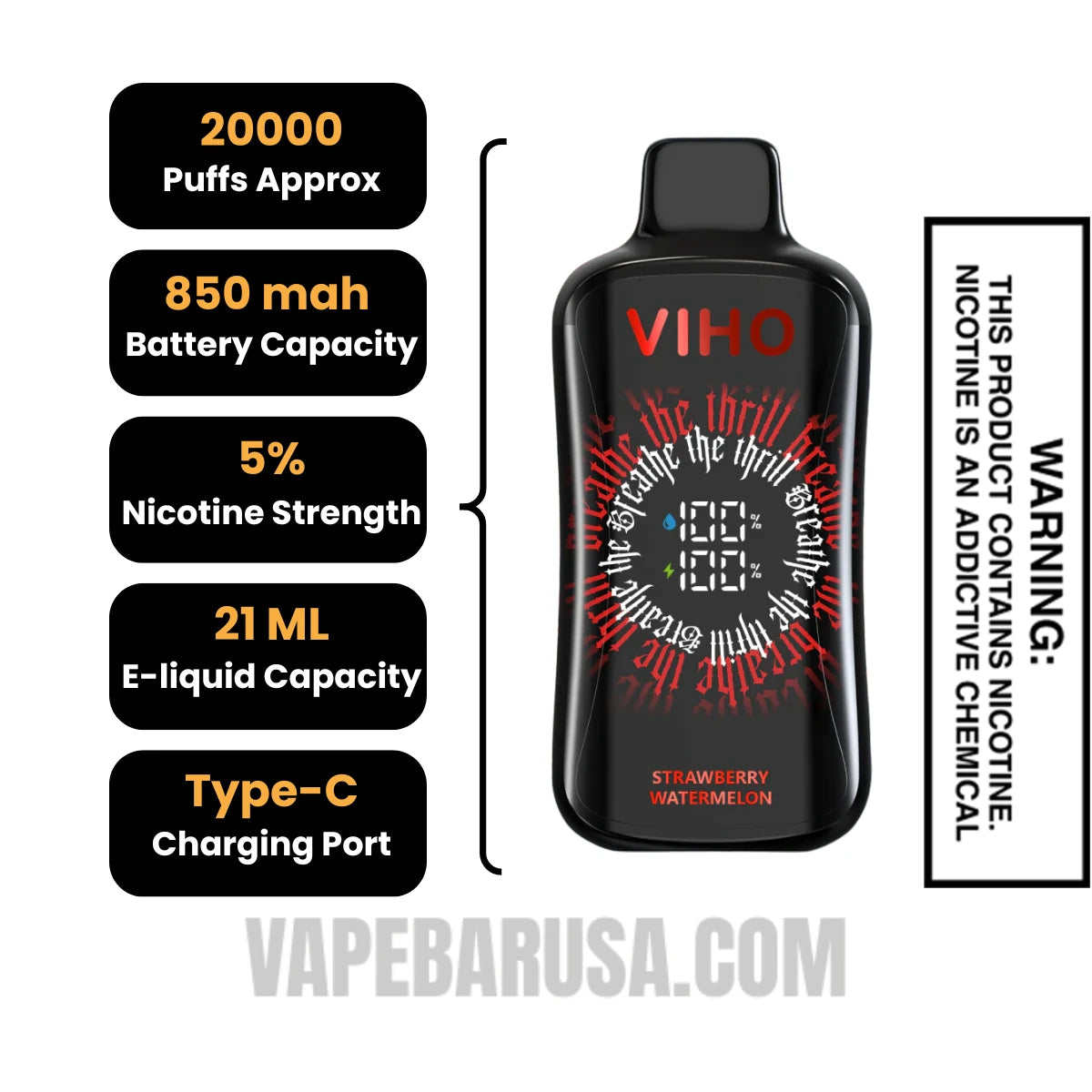 Strawberry Watermelon VIHO Supercharge Pro Disposable Vape Specifications 
