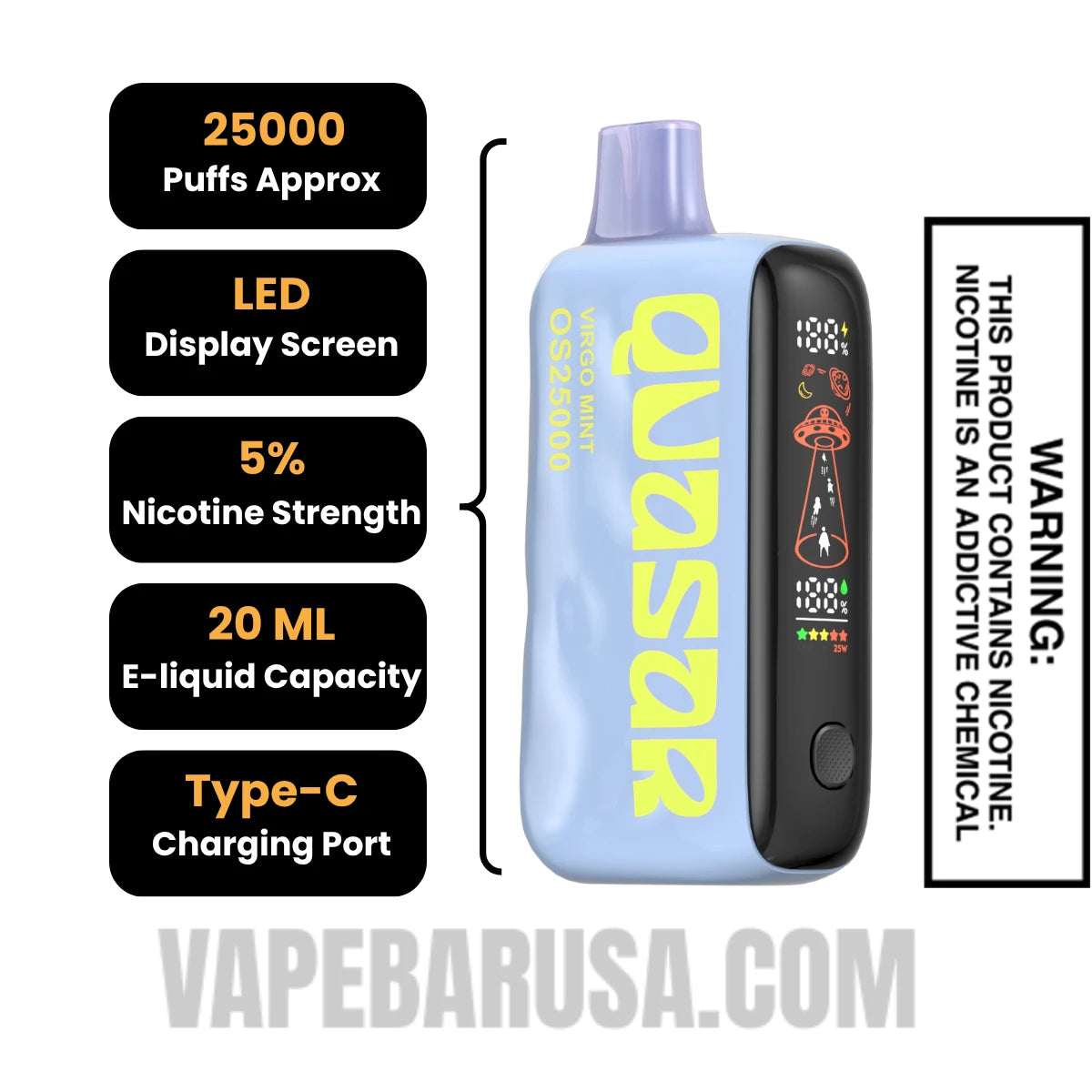 Virgo Mint Lost Mary Quasar OS25000 Disposable Vape Specifications