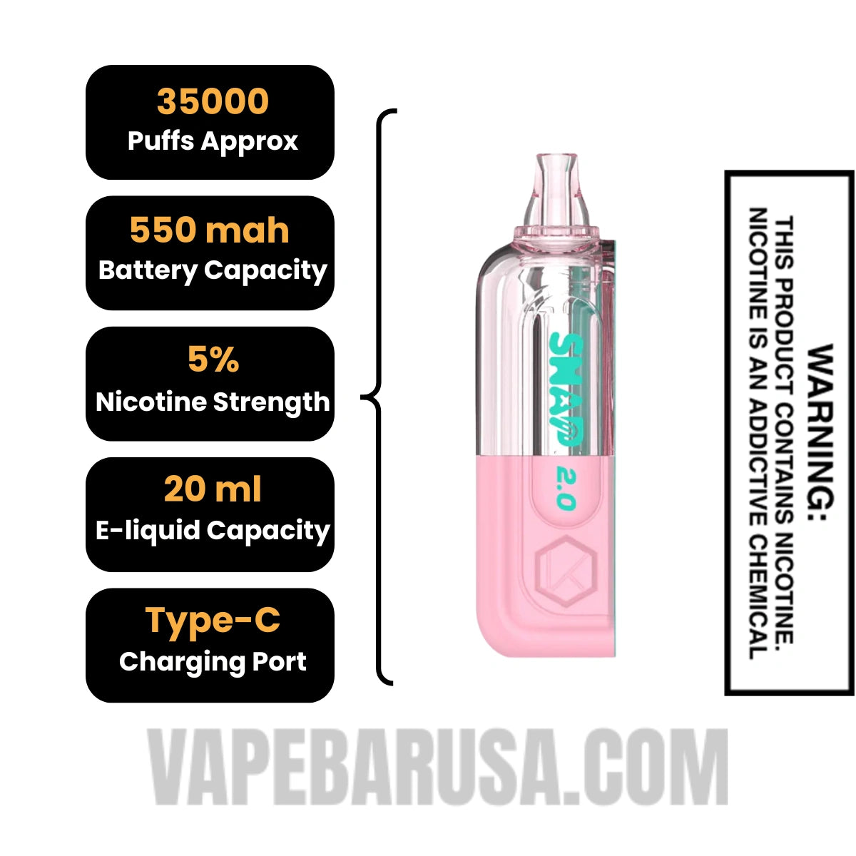 Watermelon Bubblegum Kado Bar Snap 2.0 35K Disposable Vape Pod Specifications