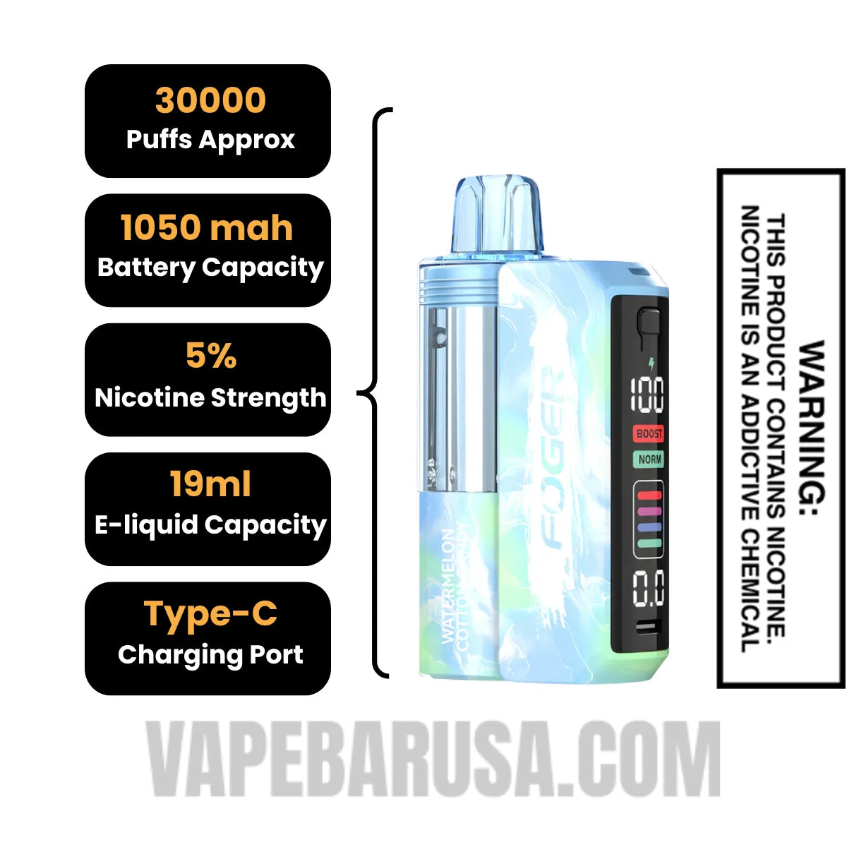 Watermelon Cotton Candy Foger Switch Pro 30K Disposable Vape Kit Specifications