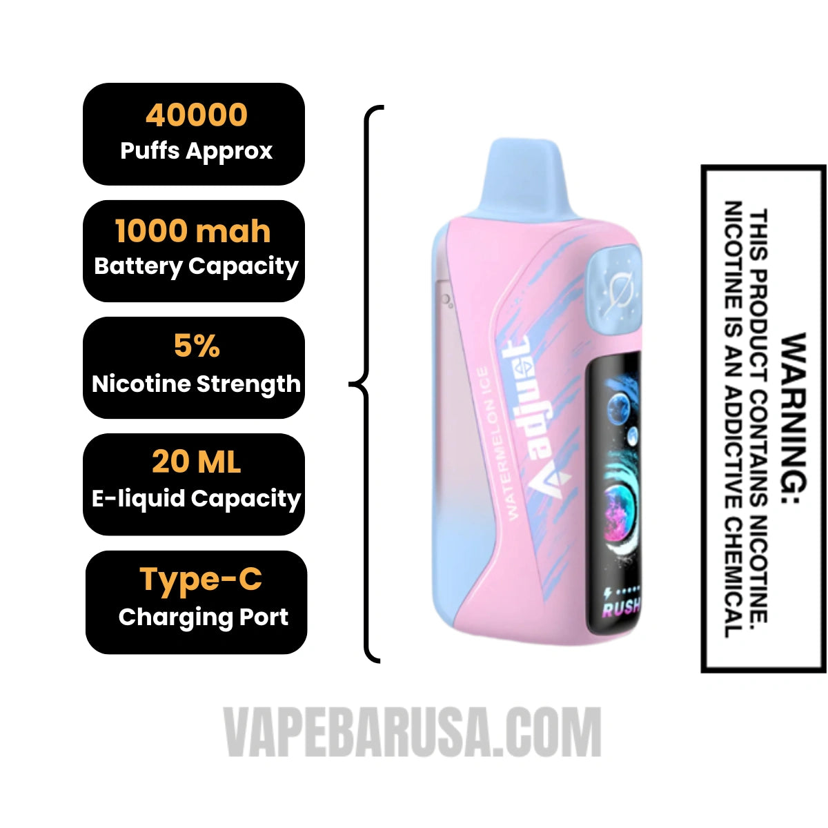 Watermelon Ice Adjust MyRusher 40K Disposable Vape Specifications