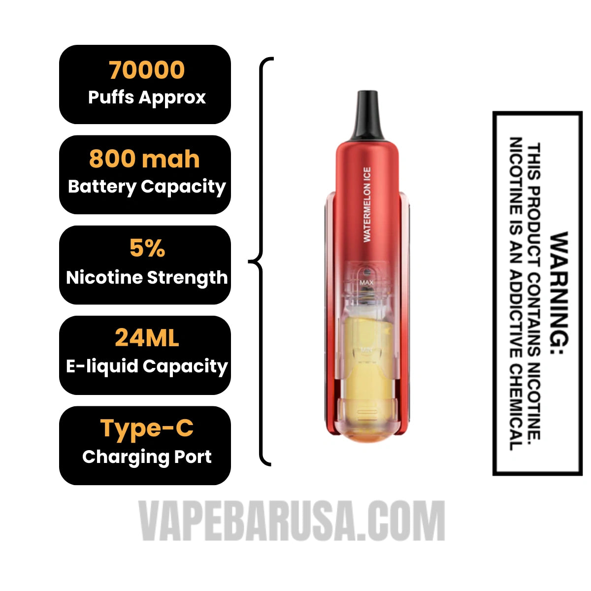 Watermelon Ice Lost Mary Nera Fullview 70K Disposable Pod Specifications