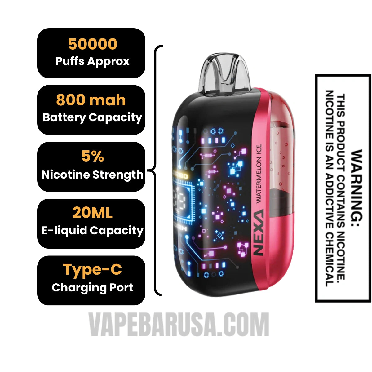 Watermelon Ice Nexa Ultra 50K Disposable Vape Specifications