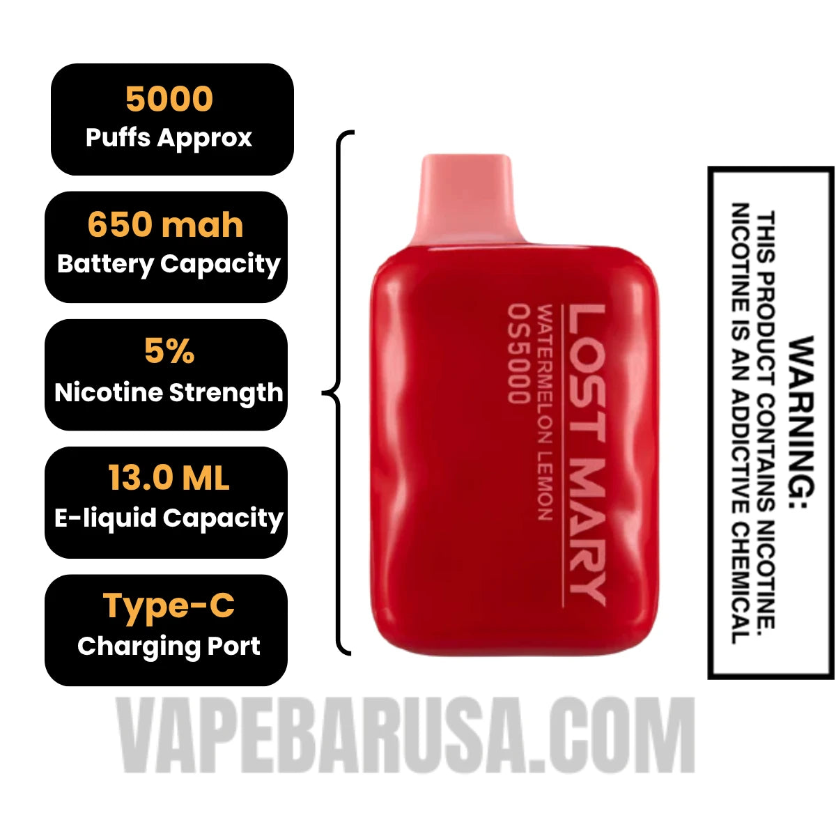 Watermelon Lemon Lost Mary OS5000 Vape Specifications