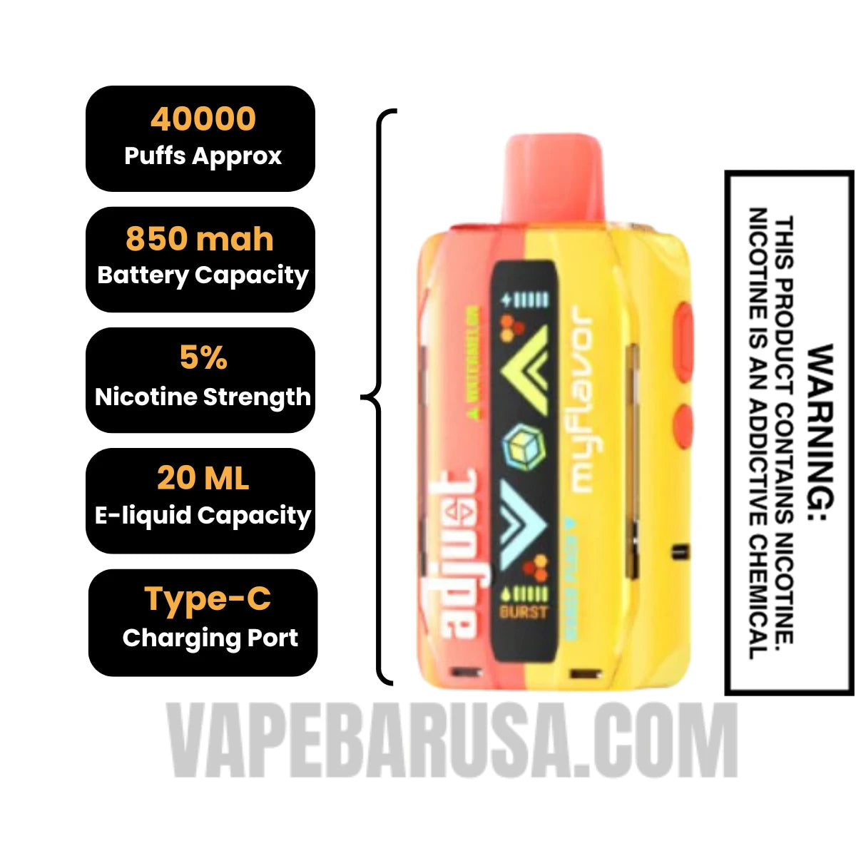 Watermelon Mango Peach Adjust MyFlavor 40K Disposable Vape Specifications