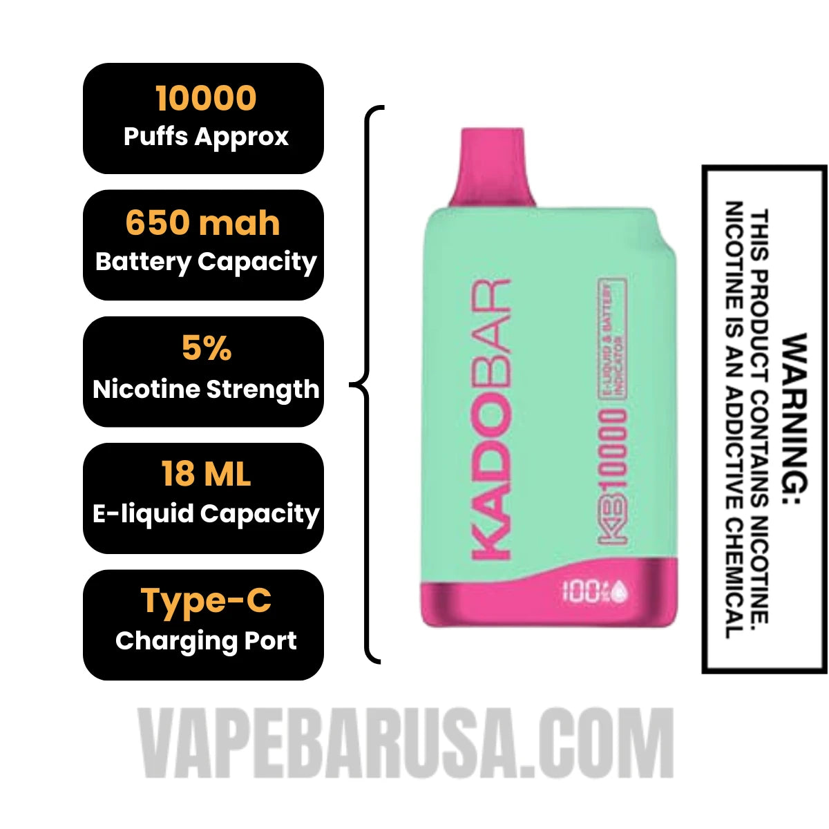 Watermelon Strawberry Ice Kado Bar KB10000 Disposable Vape Specifications