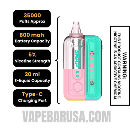 Watermelon Bubblegum Kado Bar Snap 2.0 35K Disposable Vape Kit Specifications