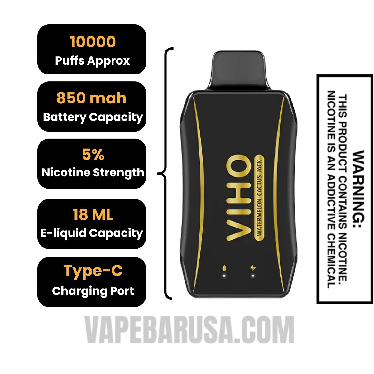 Watermelon Cactus Jack VIHO Turbo Vape 10000 Puffs Specifications
