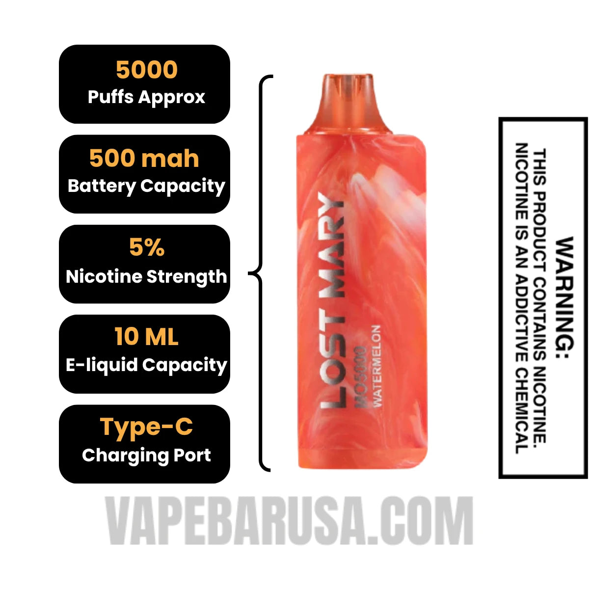 Watermelon Ice Lost Mary MO5000 Disposable Vape Specifications