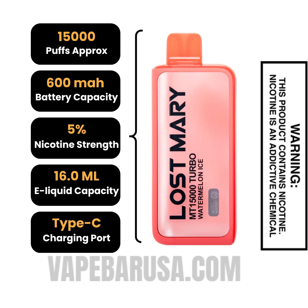 Watermelon Ice Lost Mary MT15000 Disposable Vape Specifications