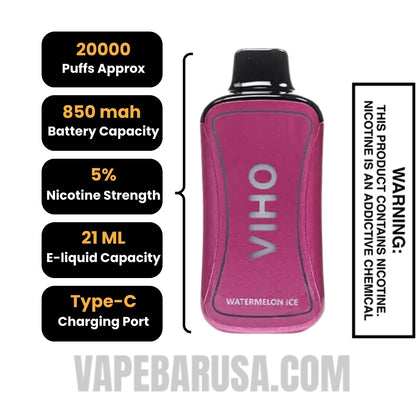 Watermelon Ice VIHO Supercharge 20000 Puffs Vape Specifcations 