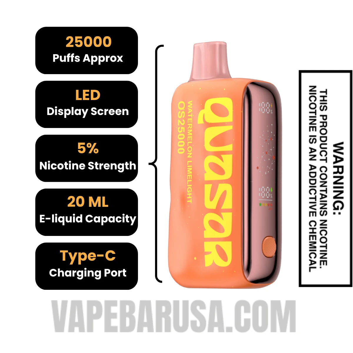 Watermelon Limelight Lost Mary Quasar OS25000 Disposable Vape Specifications