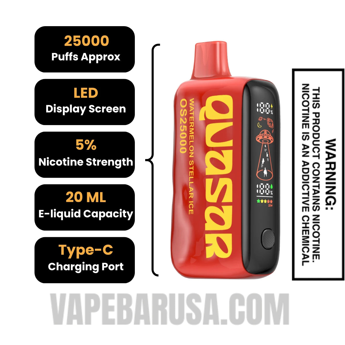 Watermelon Stellar Ice Lost Mary Quasar OS25000 Disposable Vape Specifications