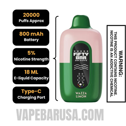 Wazza Limon Hidden Hills X Fifty Bar 20k Disposable Vape Specifications