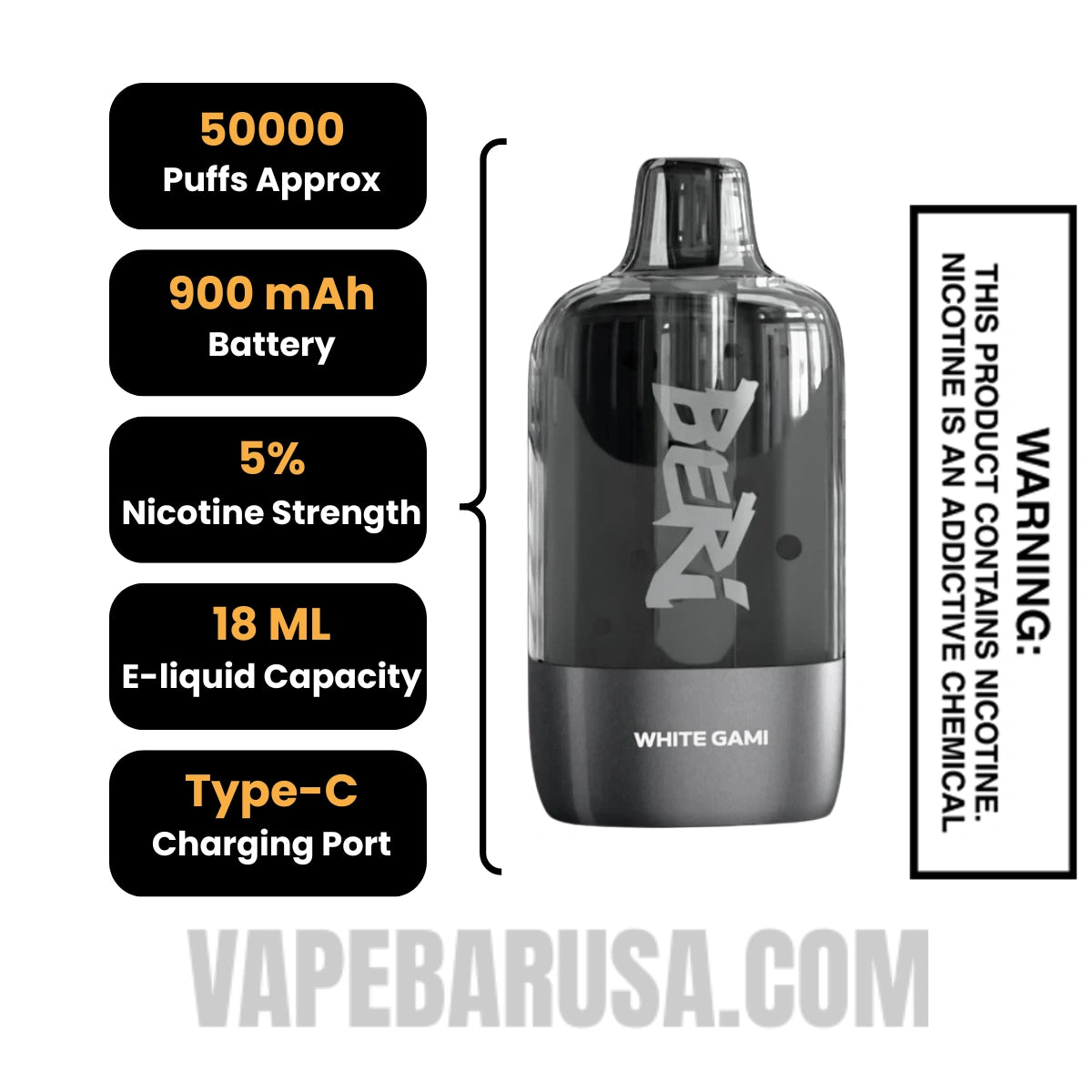 White Gami Beri Cliq 50K Disposable Vape Pod Specifications