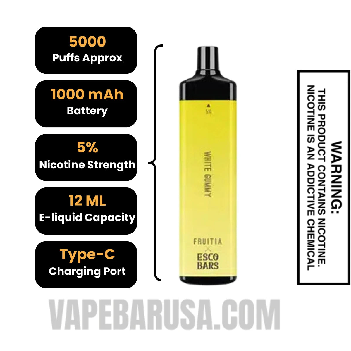 White Gummy Esco Bars 5000 Puffs Disposable Vape Specifications