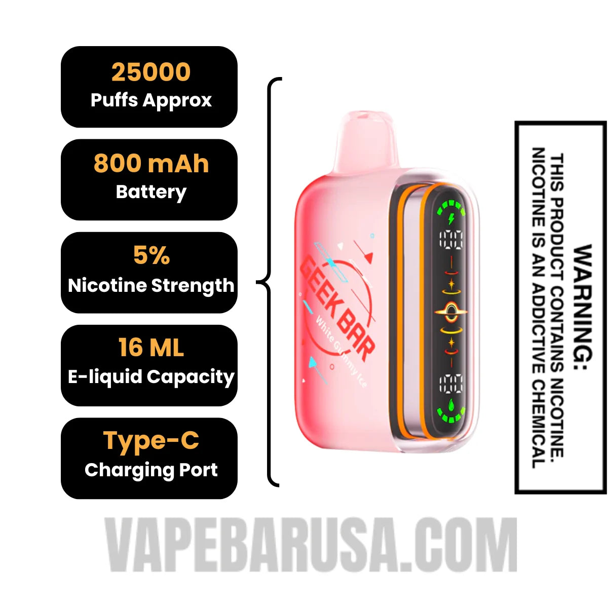 White Gummy Ice Geek Bar Pulse 2 Disposable Vape Specifications