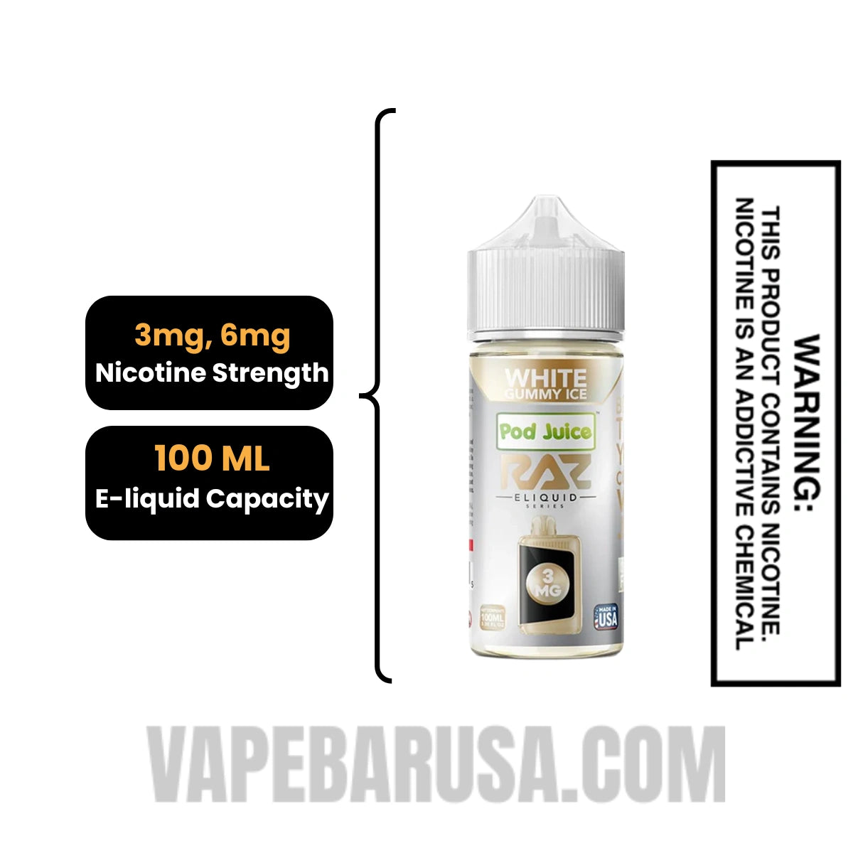 White Gummy Ice Pod Juice X RAZ Vape Juice 100 ML Specifications