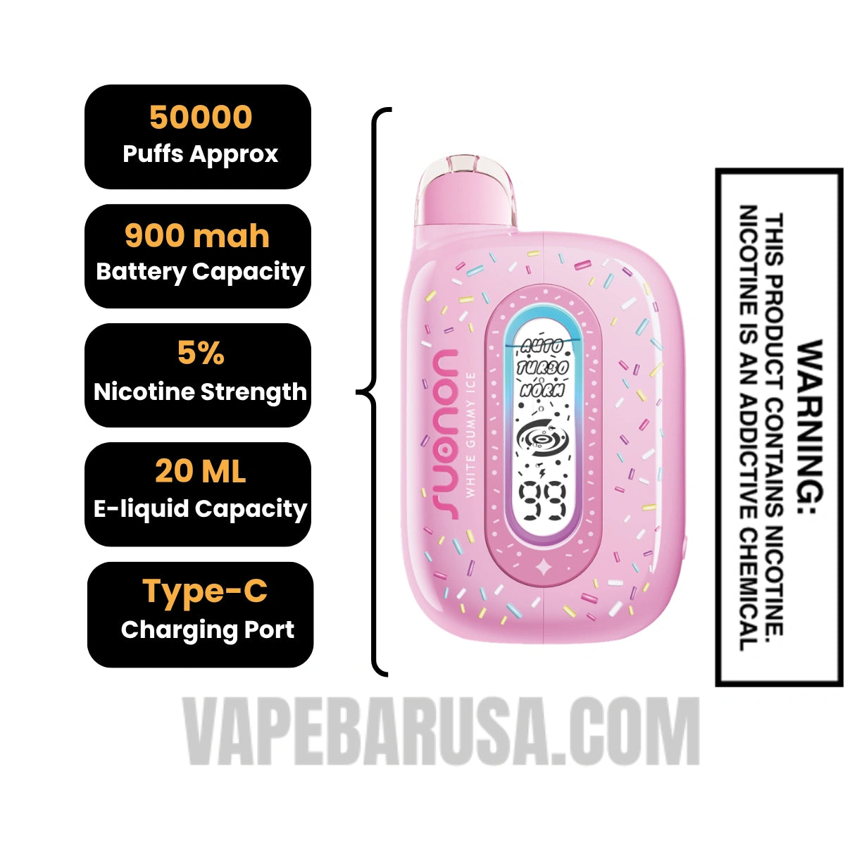 White Gummy Ice Suonon Donete 50k Disposable Vape Specifications
