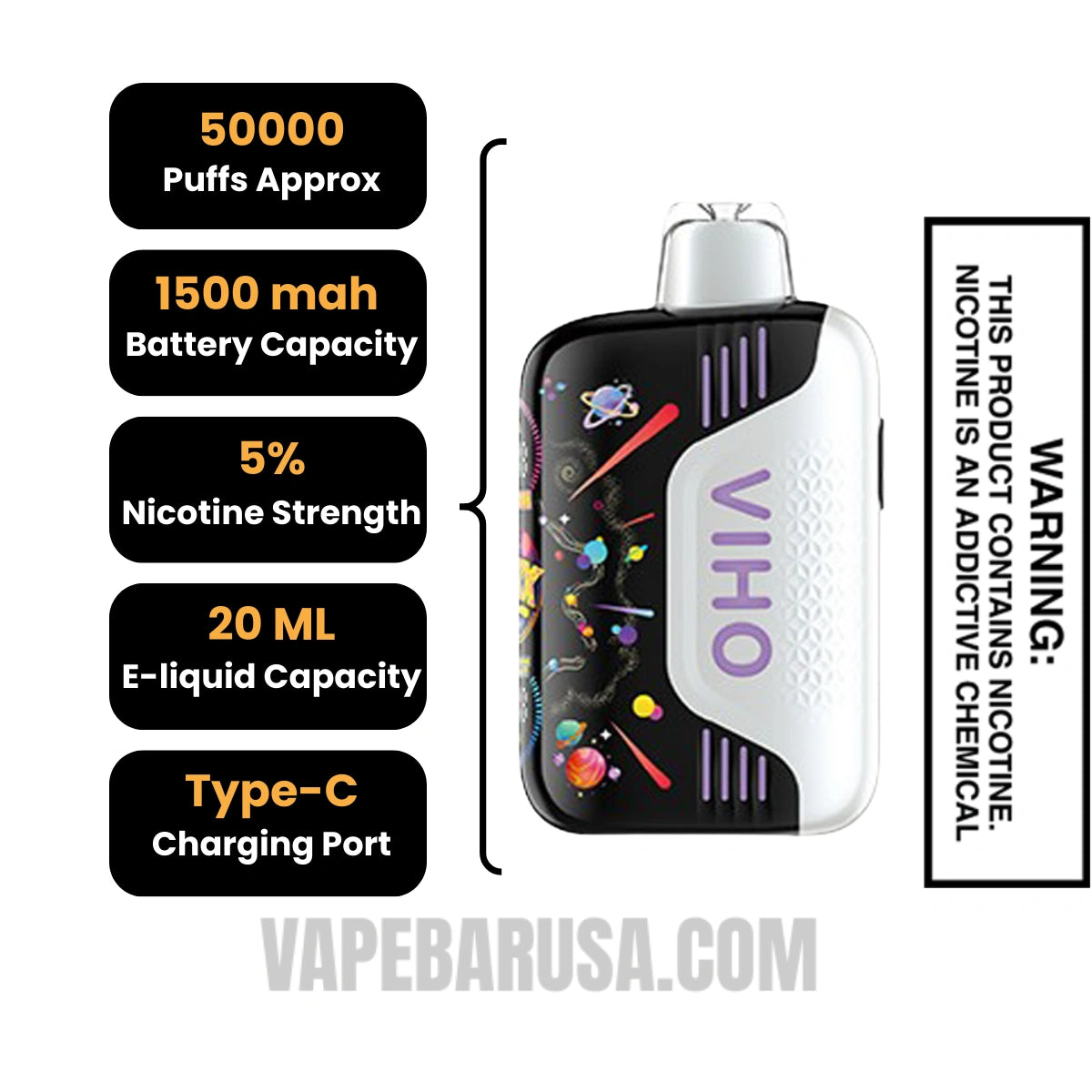 White Gummy Ice VIHO TRX 50K Disposable Vape Specifications