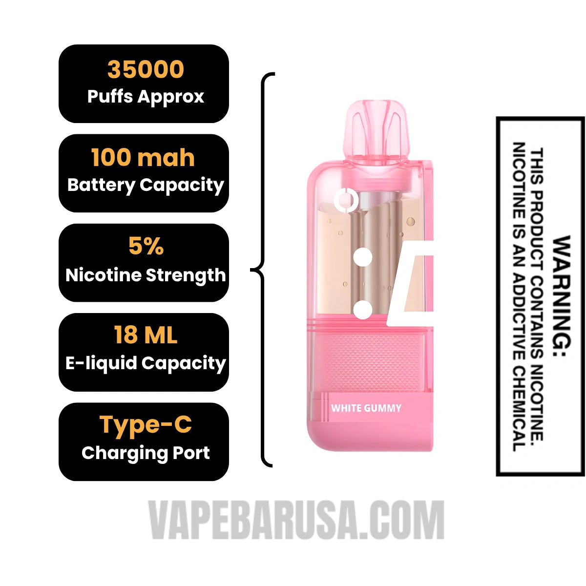 White Gummy Off Stamp X Crystal Cube 35K Disposable Vape Pod Specifications