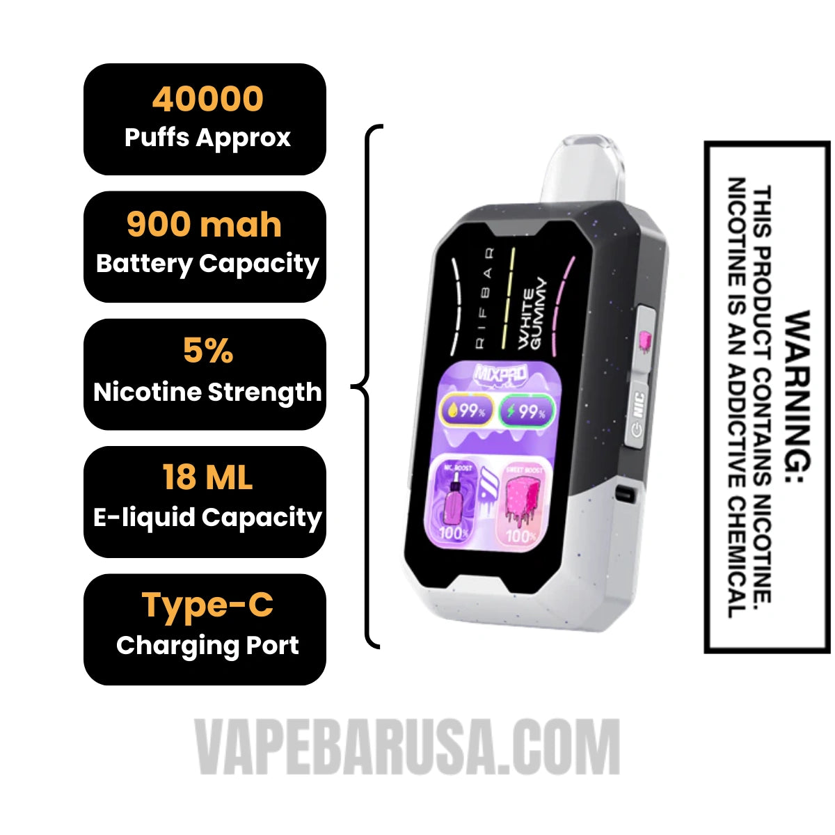 White Gummy Rifbar MixPro Sweet 40K Disposable Vape Specifications