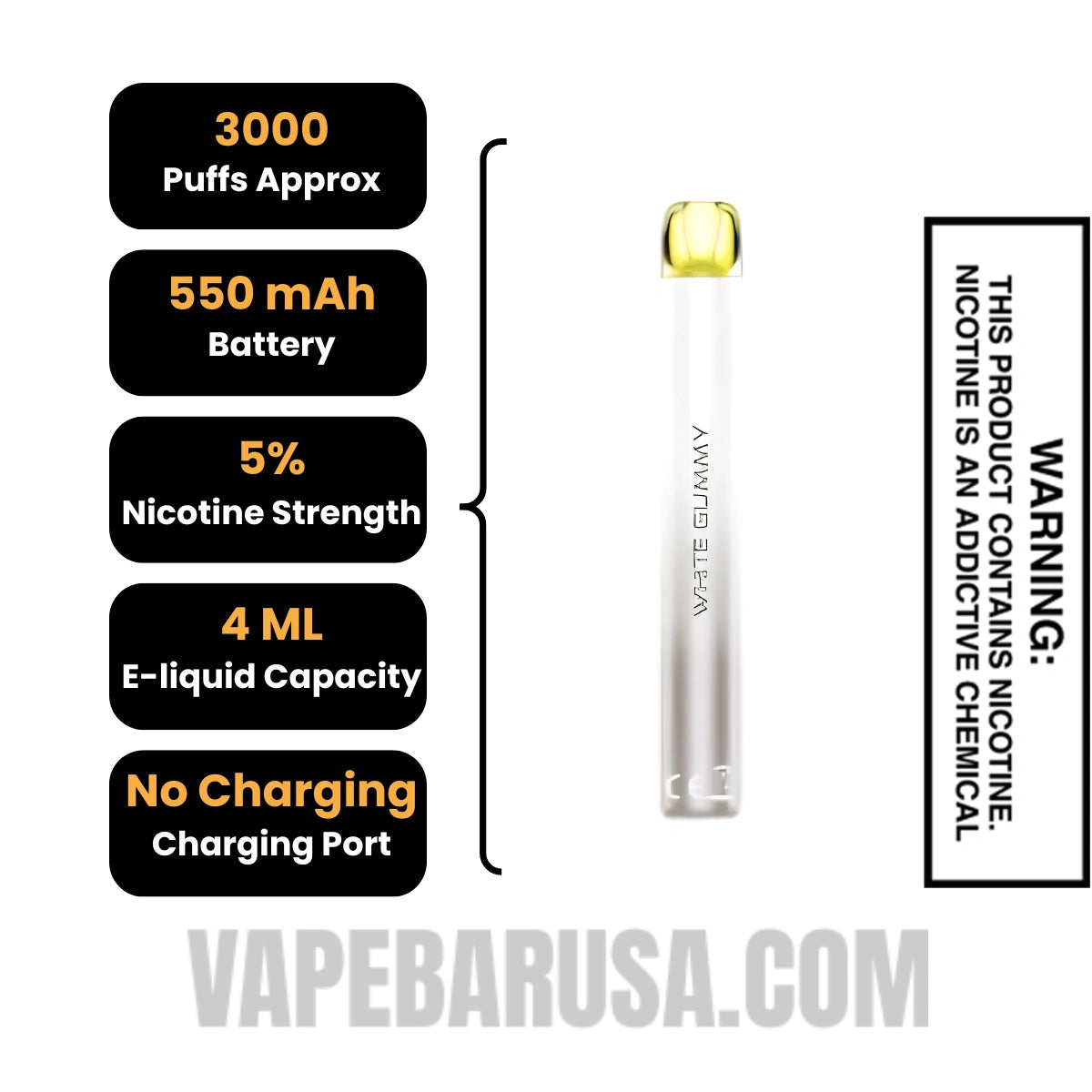 White Gummy Voom Mesh 3000 Puffs Disposable Vape Specifications