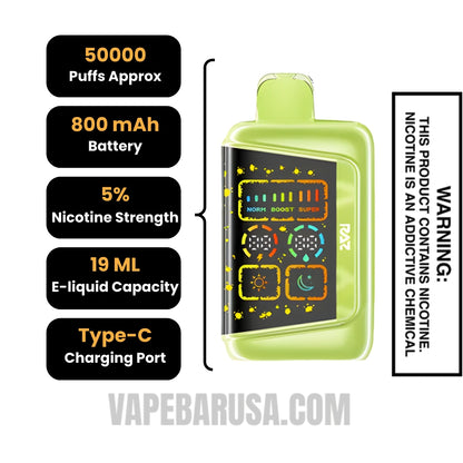 White Peach Batch RAZ RX50K Disposable Vape Specifications