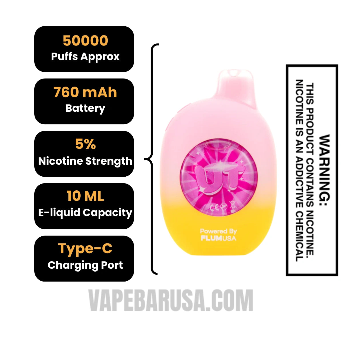 White Peach/Lemon Head Flum UT Bar 50K Disposable Vape Specifications
