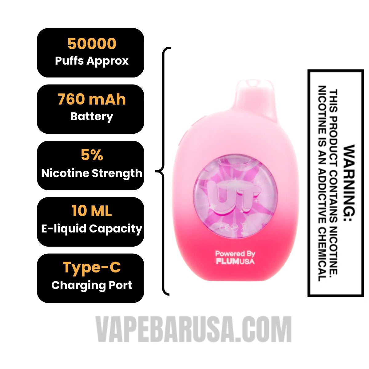 White Peach/Raspberry Flum UT Bar 50K Disposable Vape Specifications