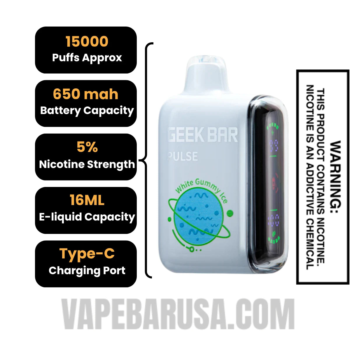 White Gummy Ice Geek Bar Pulse Disposable Vape Specification